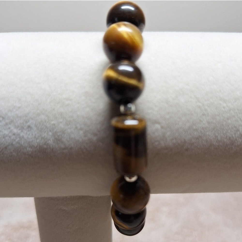 Tigers eye beaded bracelet beads sterling silver fits up to about 8 inches